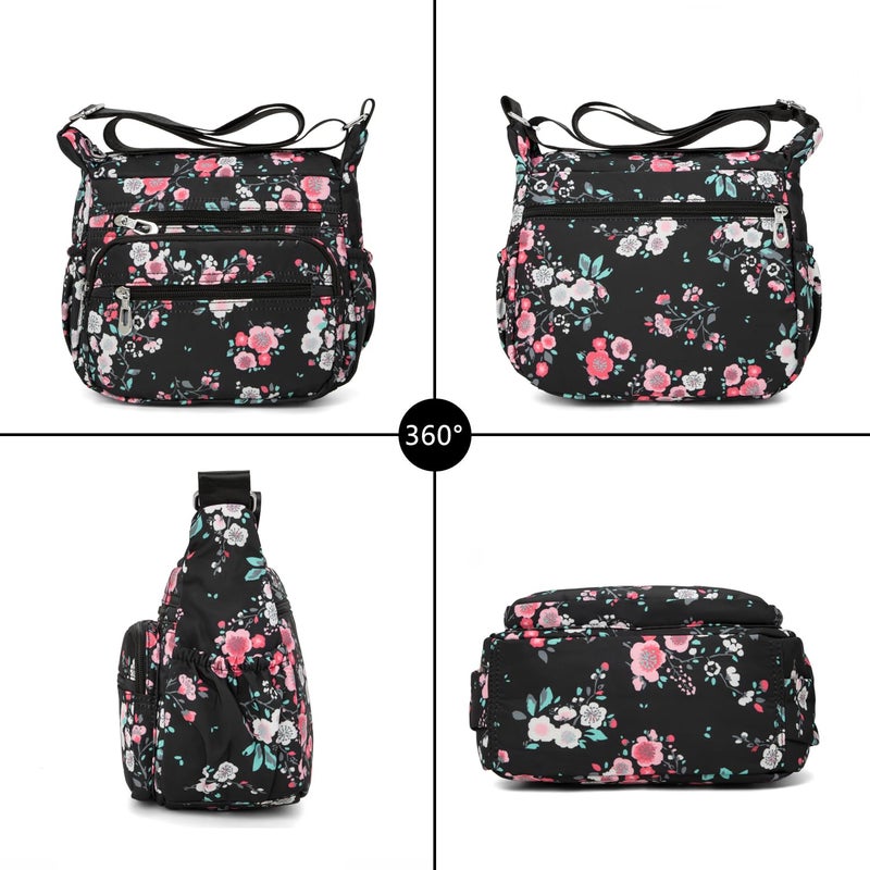 Nawoshow Nylon Floral Multi-Pocket Crossbody Purse Bags for Women Travel Shoulder Bag (Pink Flower) - Image 3